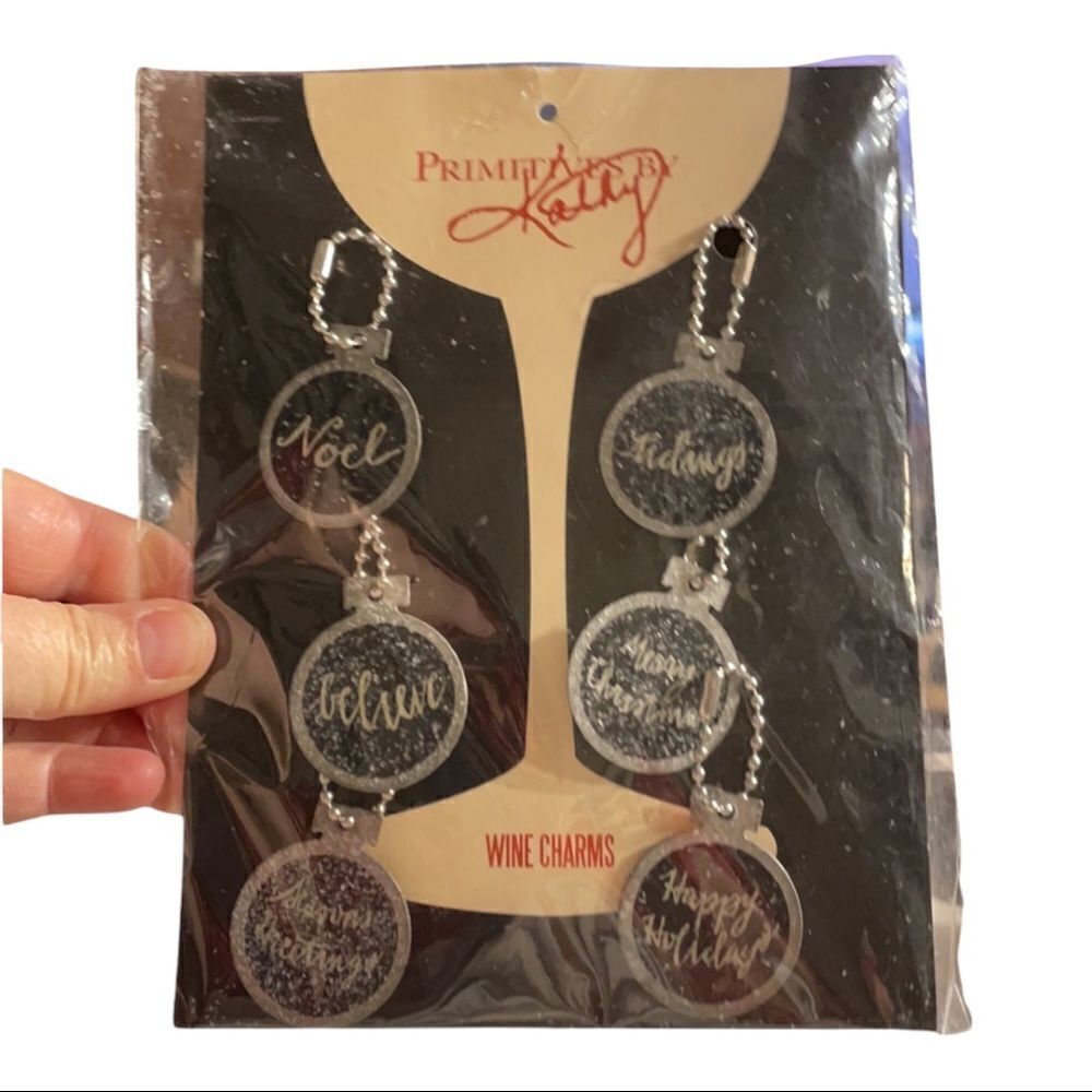 Wine Charms Set of 6 Xmas Bar Accessories Black Silver Primitives by Kathy NWT